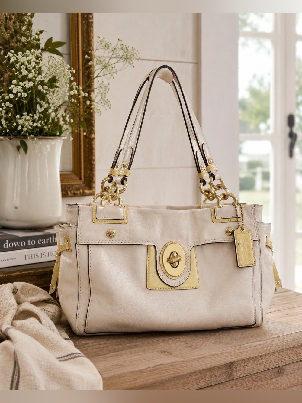 Coach Peyton Leather Carryall 14522 Ivory Cream Patent Gold Satchel 2010